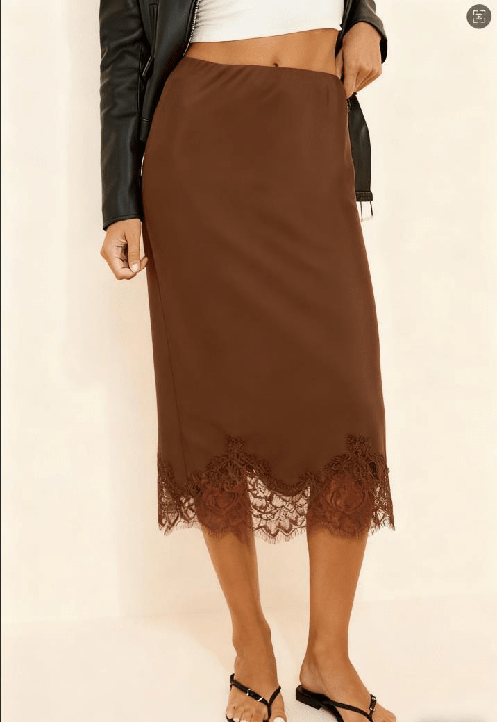 Dalila Side Slit Lace Trim Midi Skirt - Women's Fashion Skirt