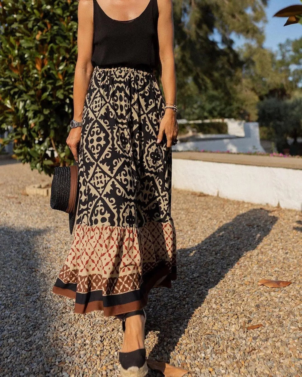 Rhea Boho Printed Midi Swing Skirt - Women's Fashion Skirt