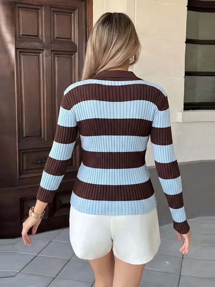 Alicia Striped Polo Knit Pullover - Women's Cozy Knitwear - Image 3