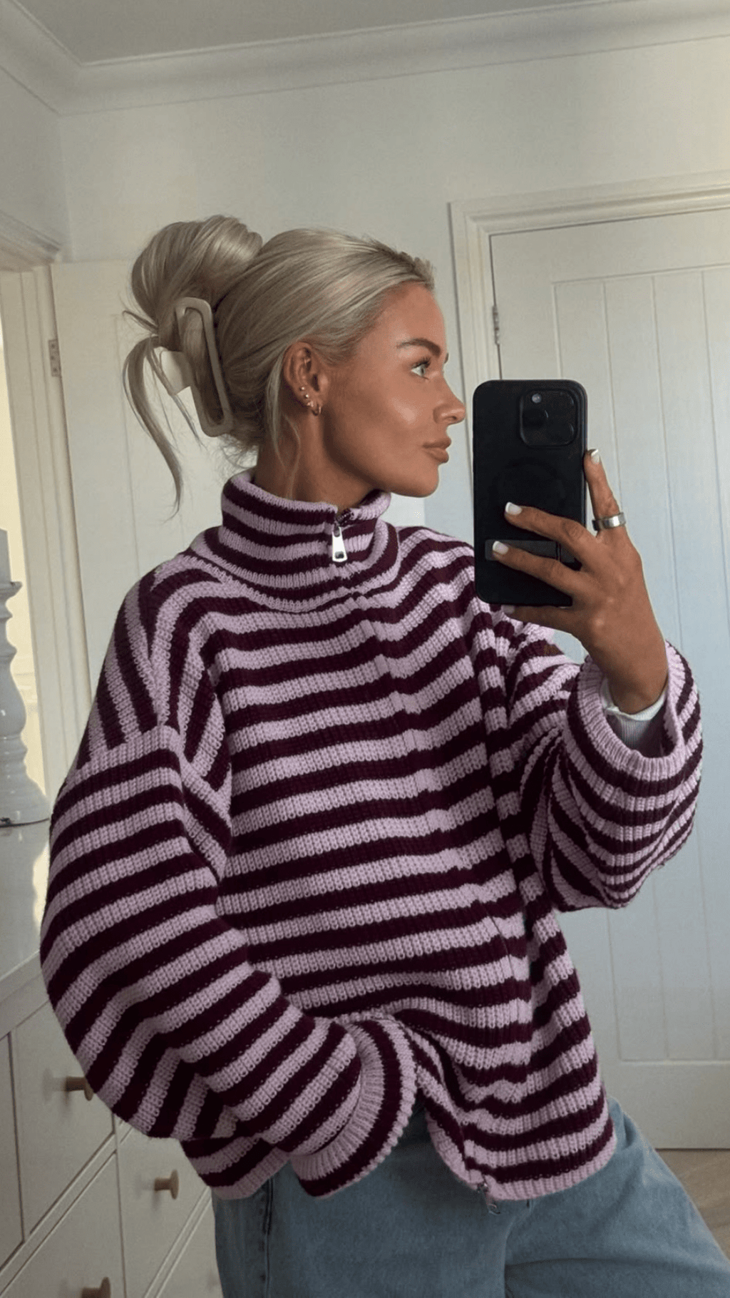 Hanna Striped High-Neck Knit Sweater - Women's Cozy Knitwear - Image 2