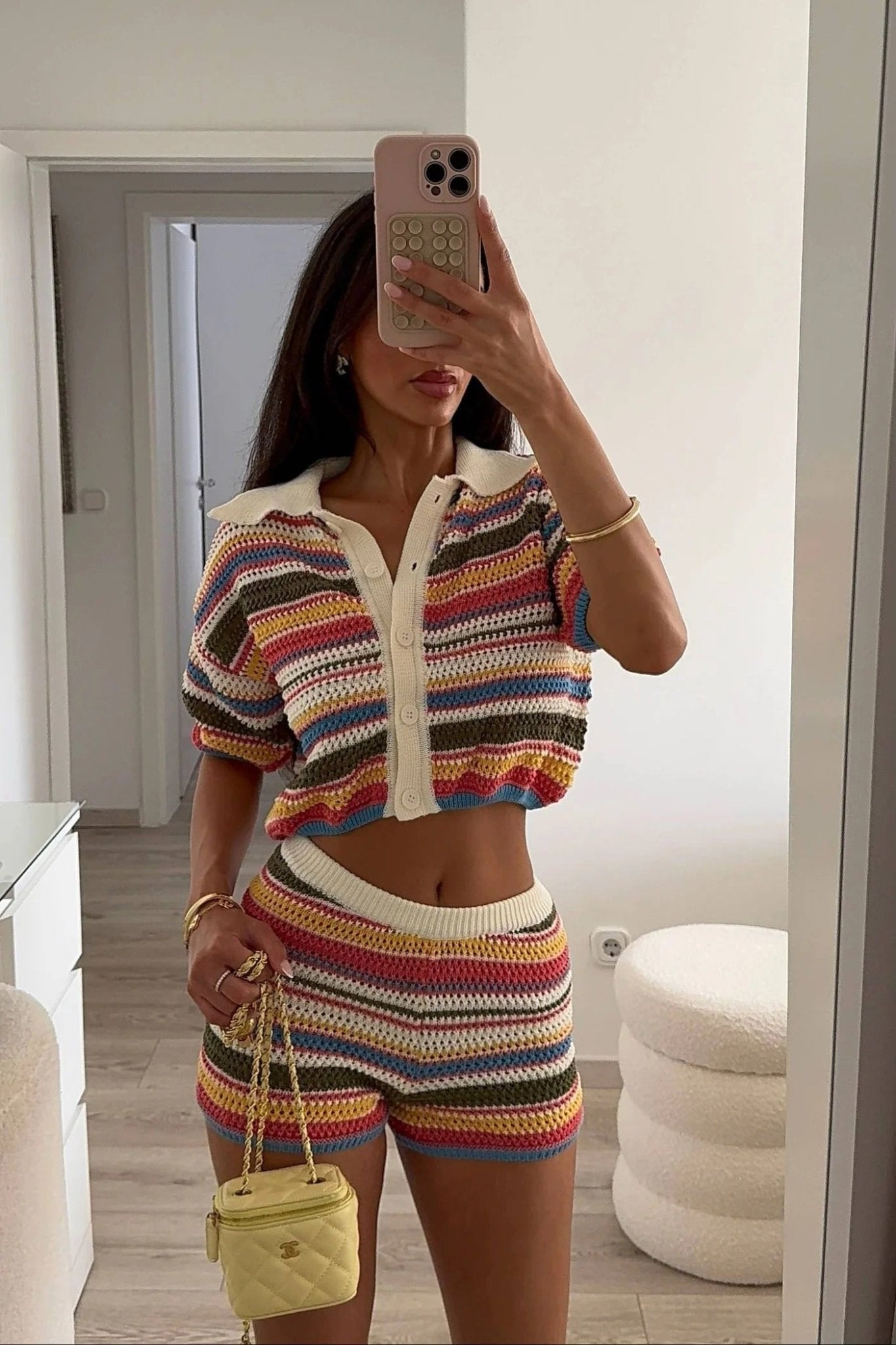 Jasmin Crochet Crop Sweater Shorts Set - Women's Cozy Knitwear
