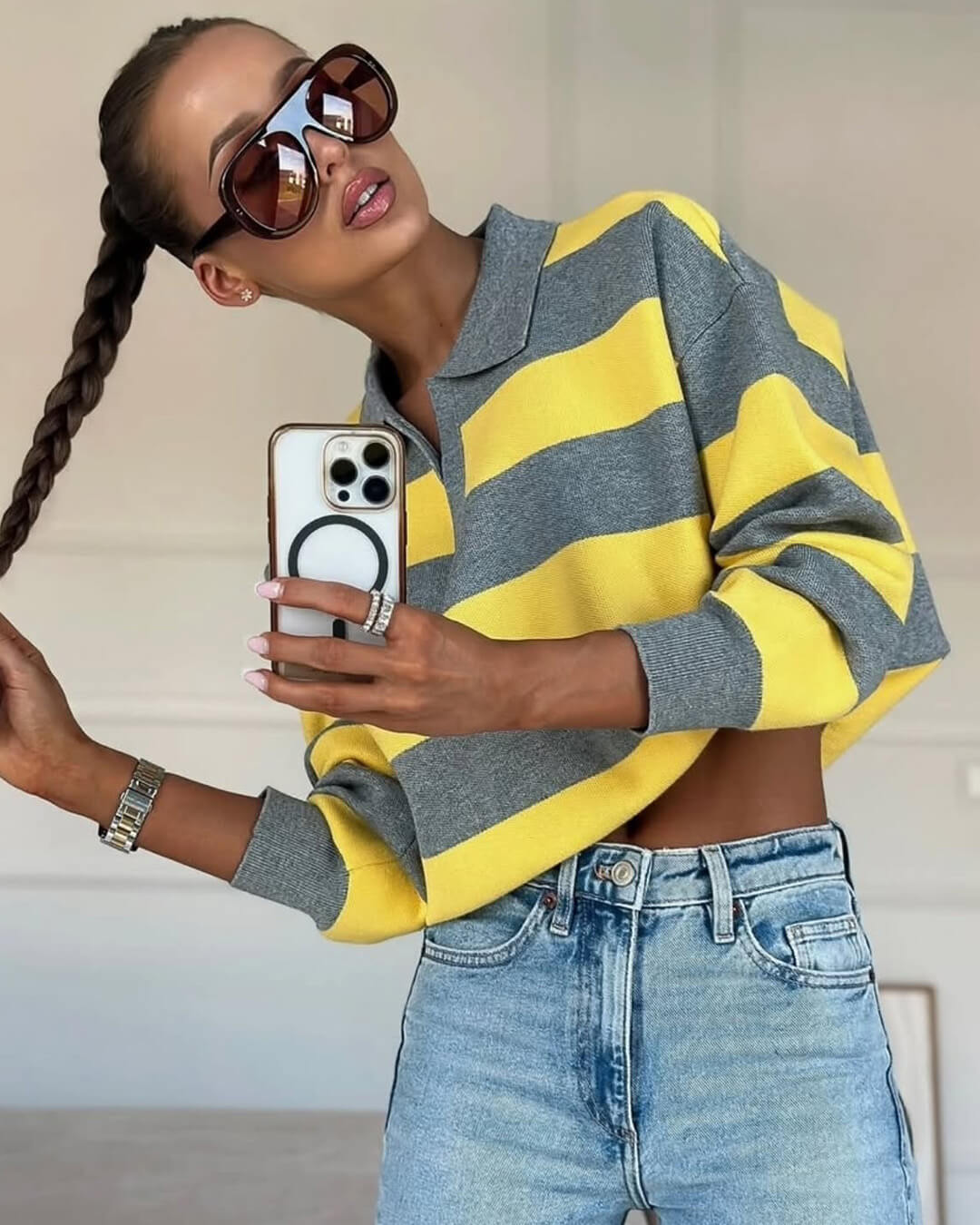 Una Striped Knitted V-Neck Pullover - Women's Cozy Knitwear