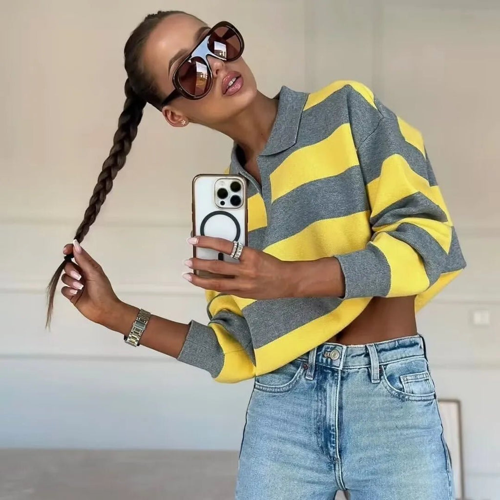 Elena Striped Polo Neck Sweater - Women's Cozy Knitwear