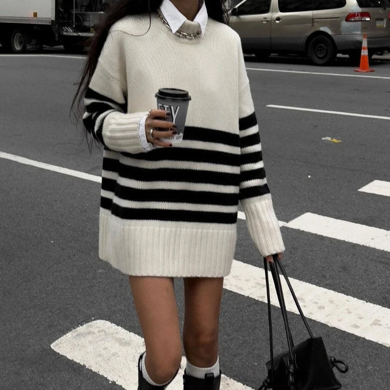 Flora Oversized Turtle Neck Striped Sweater - Women's Cozy Knitwear - Image 3
