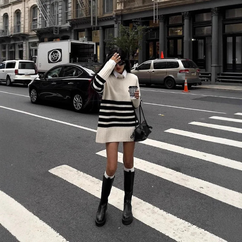 Flora Oversized Turtle Neck Striped Sweater - Women's Cozy Knitwear - Image 5