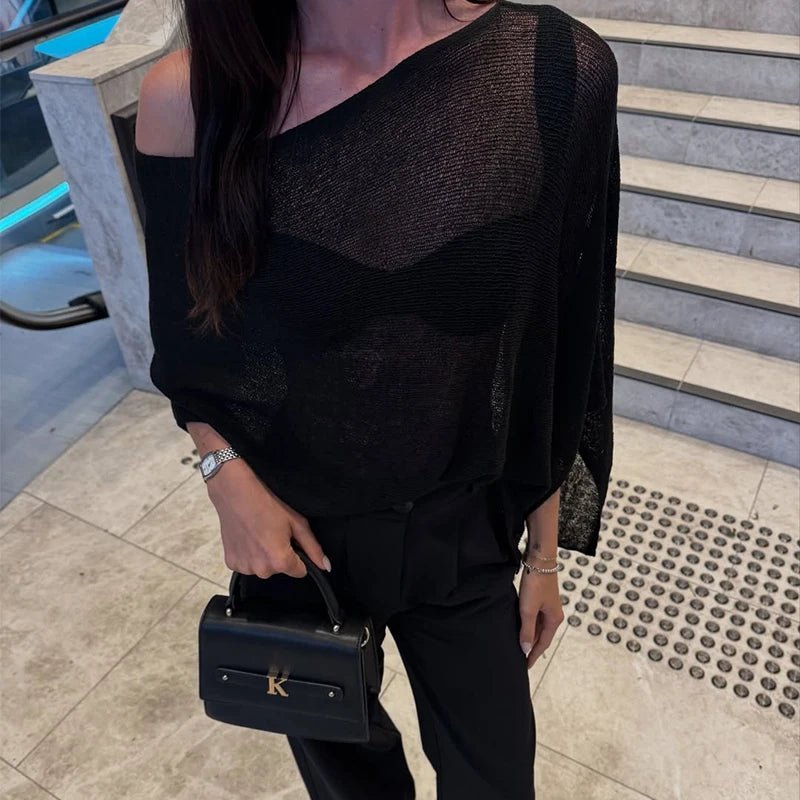 Asymmetrical Asymmetrical Sheer Poncho Top - Women's Cozy Knitwear - Image 7