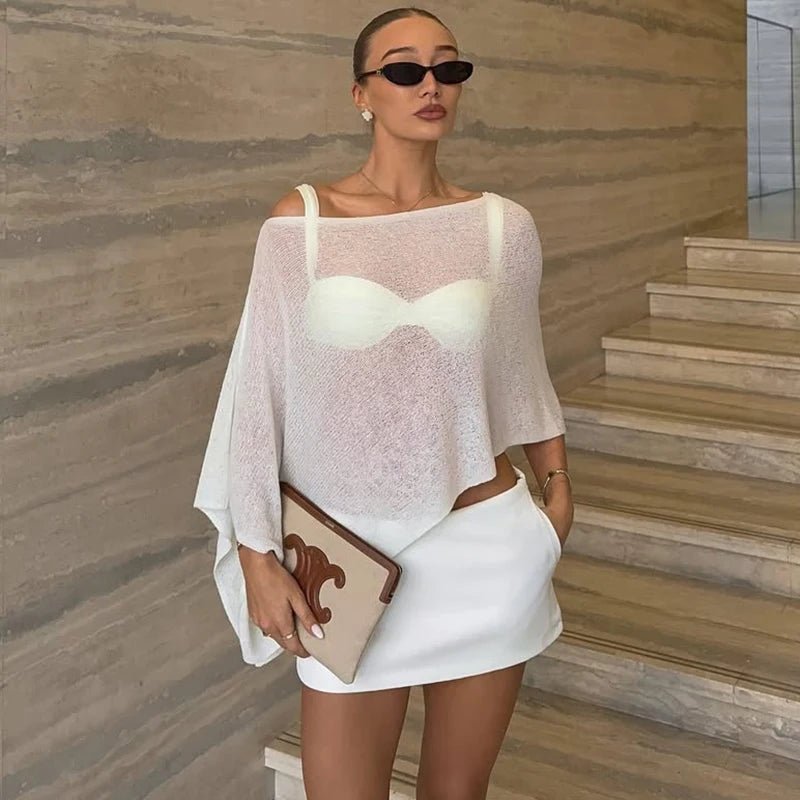 Asymmetrical Asymmetrical Sheer Poncho Top - Women's Cozy Knitwear - Image 8