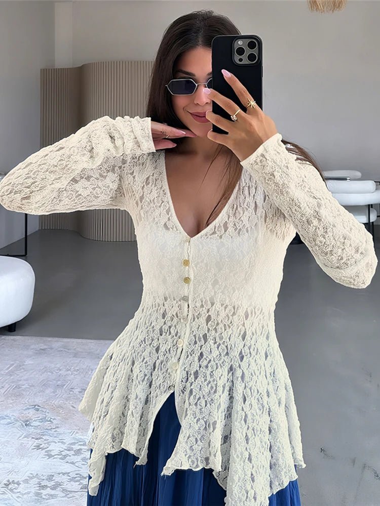 Jenna Shark Hem Sheer Jacquard Cardigan - Women's Cozy Knitwear - Image 5