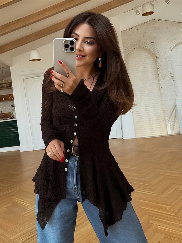 Jenna Shark Hem Sheer Jacquard Cardigan - Women's Cozy Knitwear