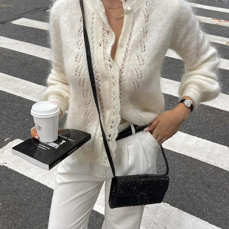 Lia White Lace Knit Cardigan - Women's Cozy Knitwear