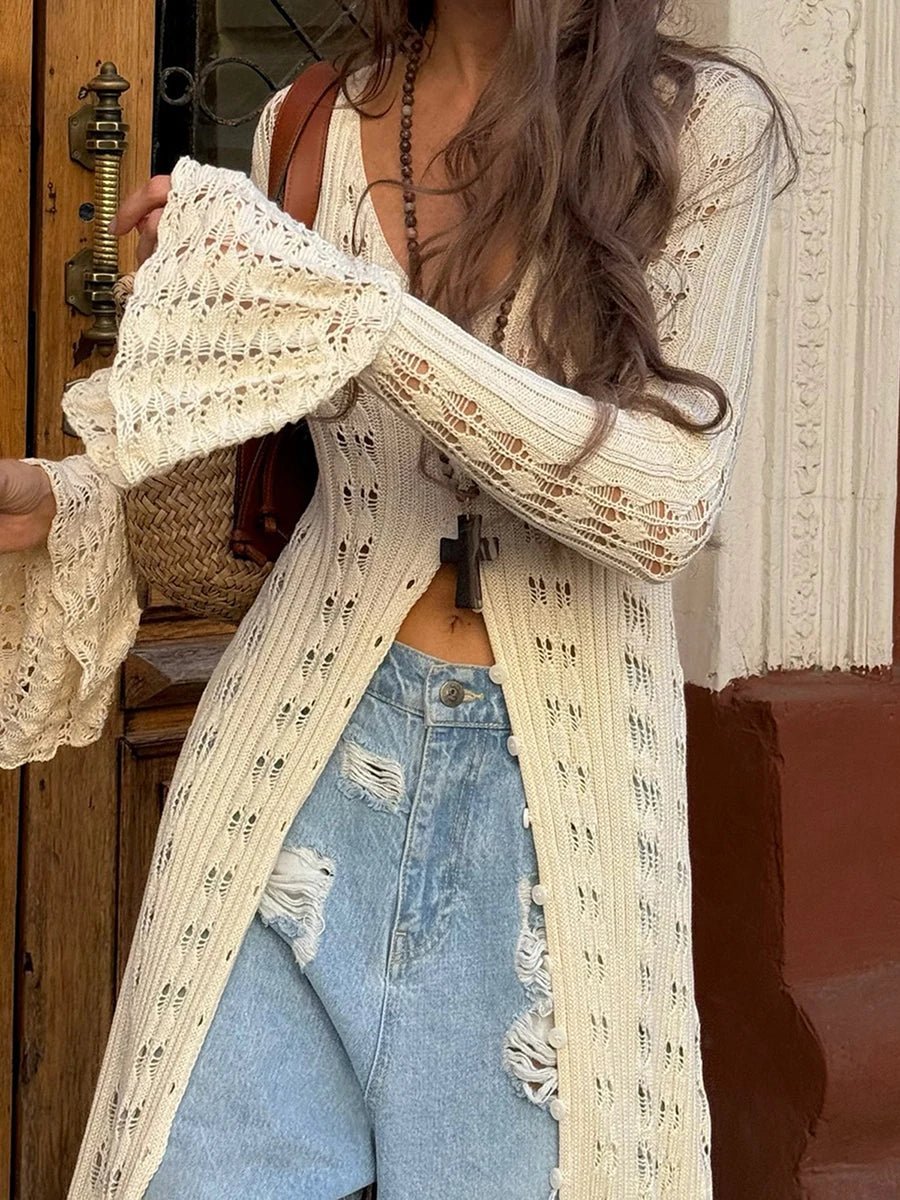 Sophia Hollow Out Knit Cardigan Dress - Women's Cozy Knitwear