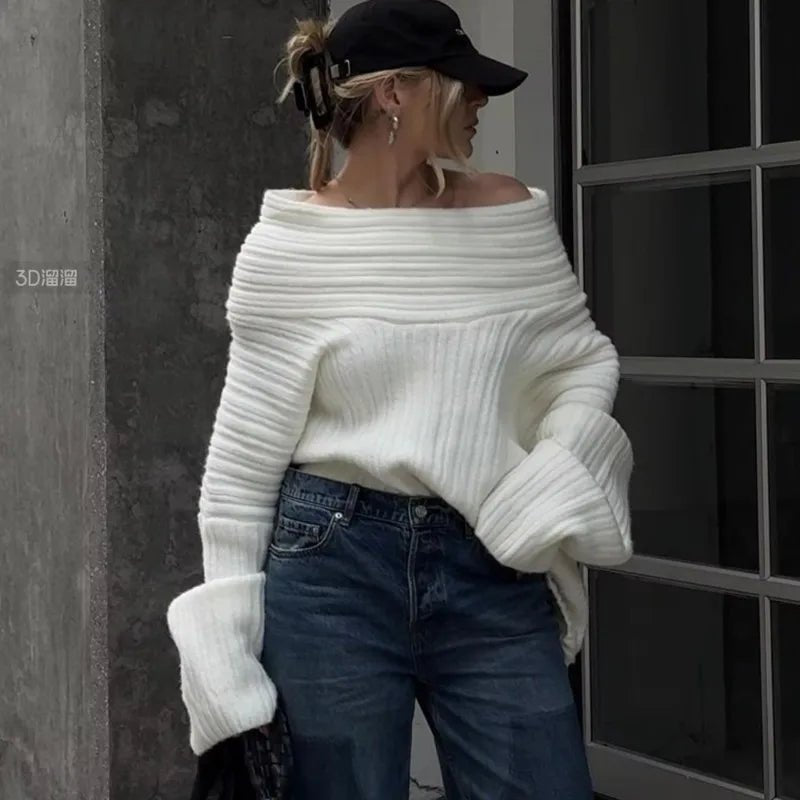 Aelwen Off-Shoulder Knit Sweater - Women's Cozy Knitwear - Image 8