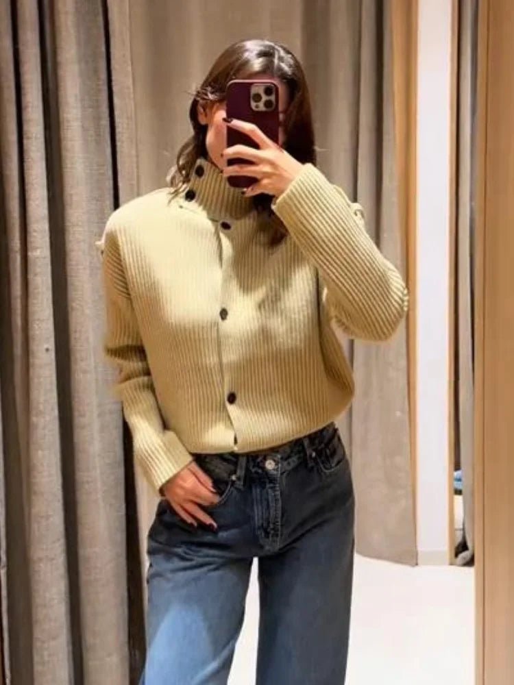 Sandra Stand Collar Knitted Cardigan - Women's Cozy Knitwear - Image 6