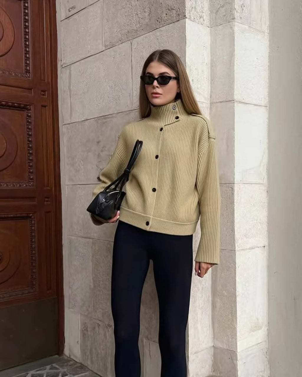 Sandra Stand Collar Knitted Cardigan - Women's Cozy Knitwear