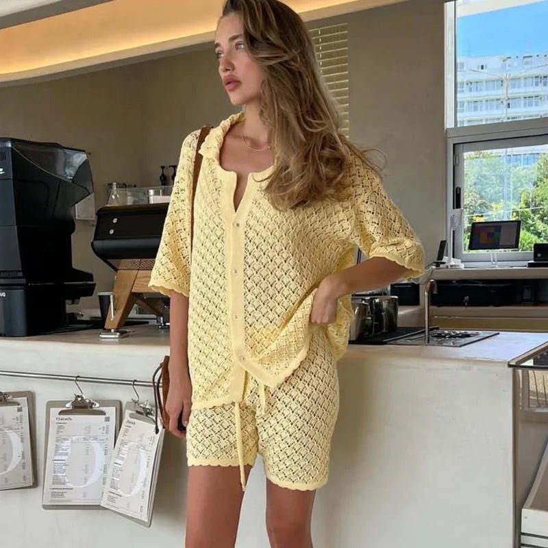 Selene Knit Cardigan Shorts Set - Women's Cozy Knitwear