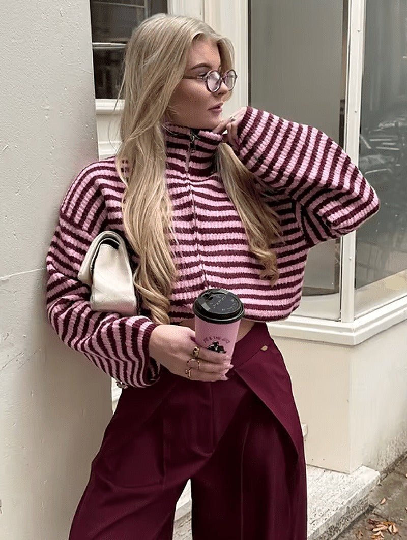 Simona Women's Striped Knit Zip Cardigan Sweater - Stand Collar, Red - Image 2