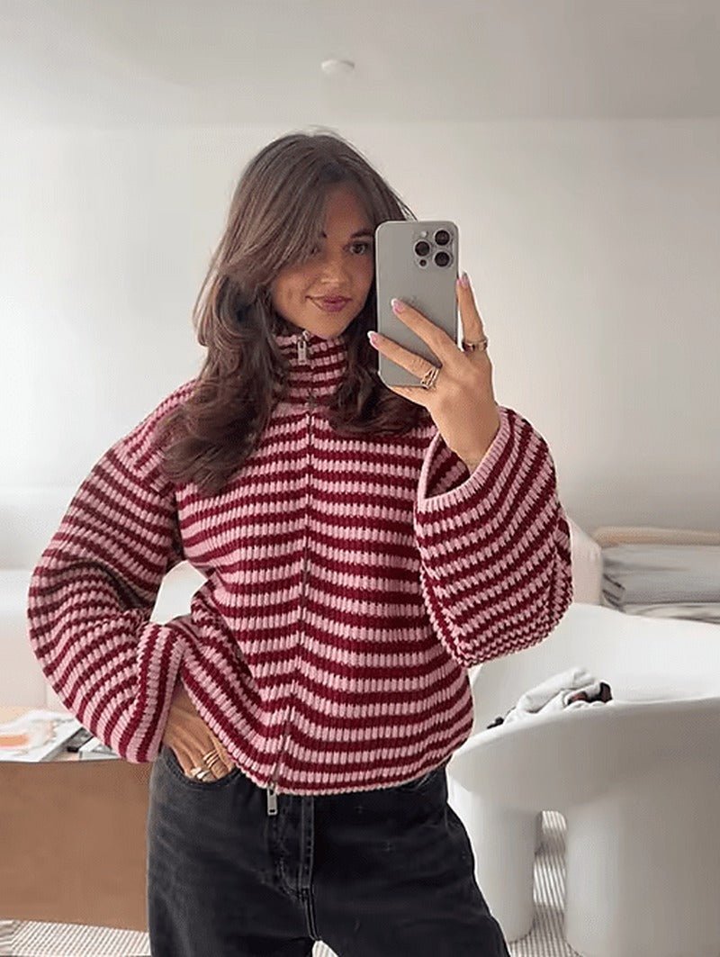 Simona Women's Striped Knit Zip Cardigan Sweater - Stand Collar, Red - Image 3