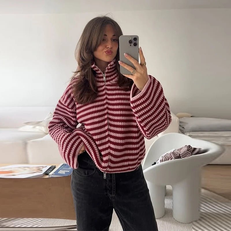 Simona Women's Striped Knit Zip Cardigan Sweater - Stand Collar, Red