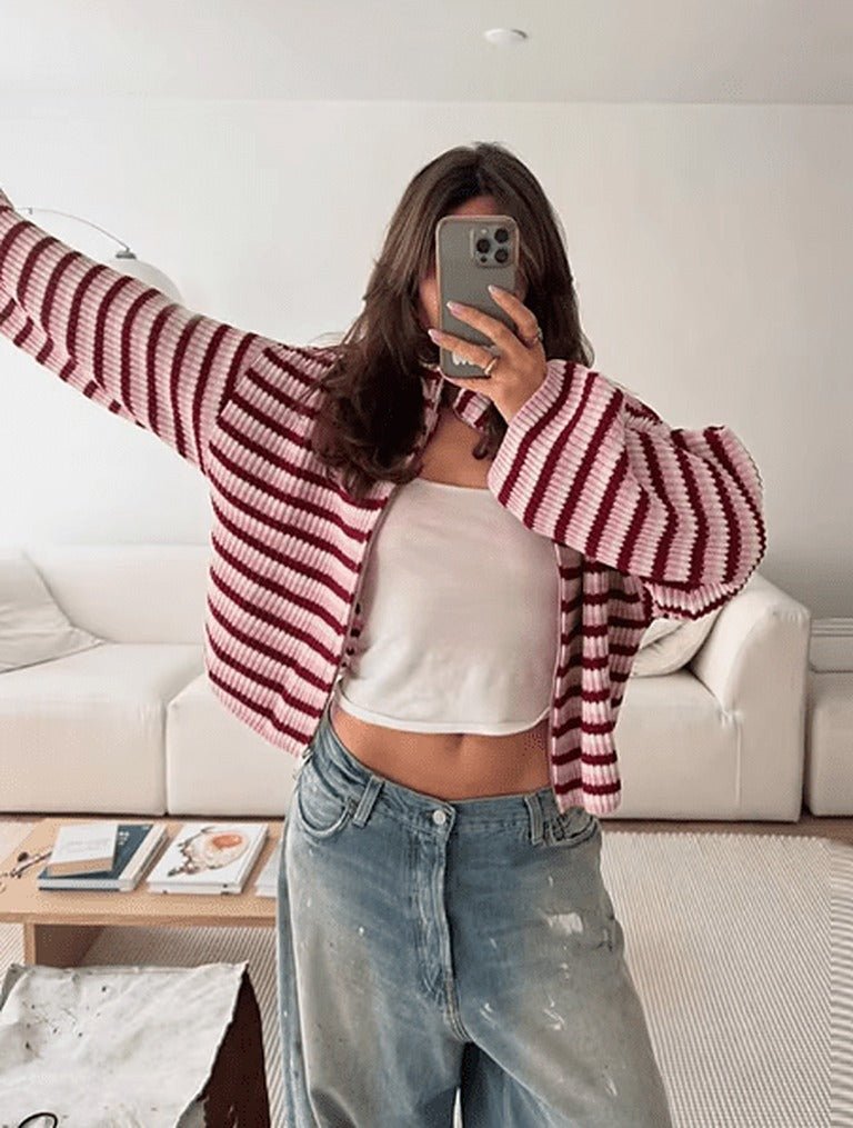 Simona Women's Striped Knit Zip Cardigan Sweater - Stand Collar, Red - Image 4