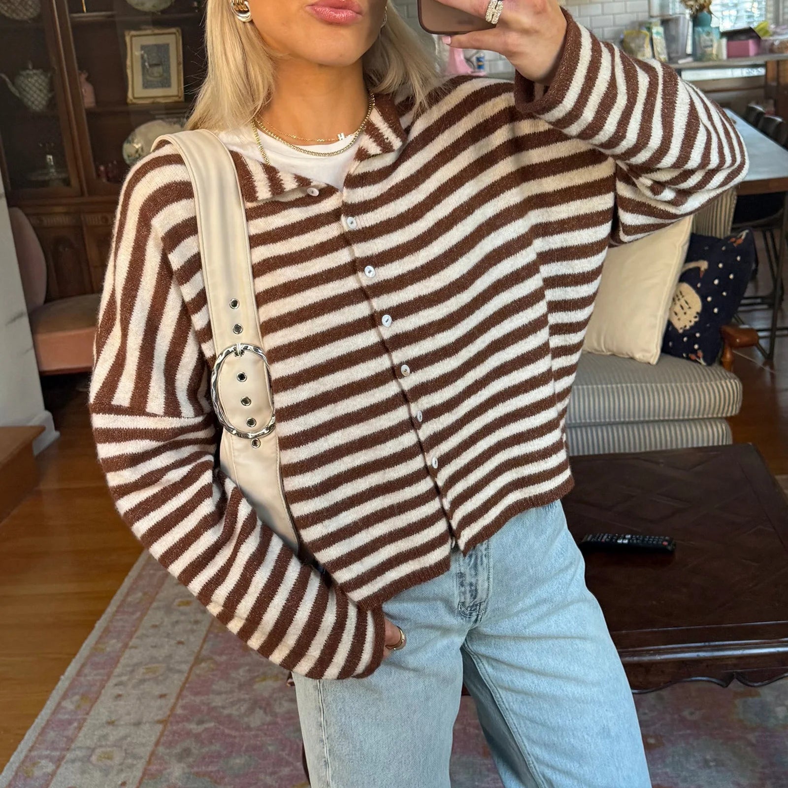 Sofia Women's Striped Cotton Cardigan - Casual Cozy Knitwear Sweater - Image 2