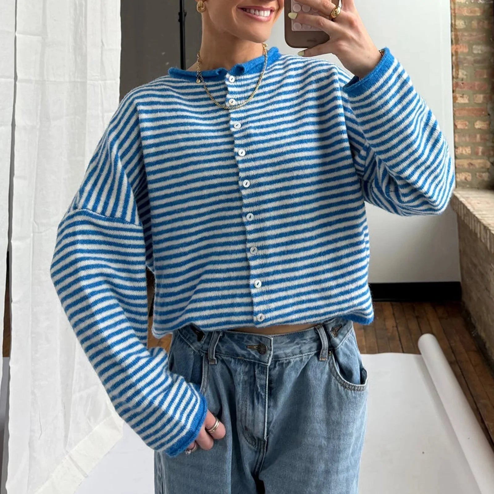 Sofia Women's Striped Cotton Cardigan - Casual Cozy Knitwear Sweater - Image 7
