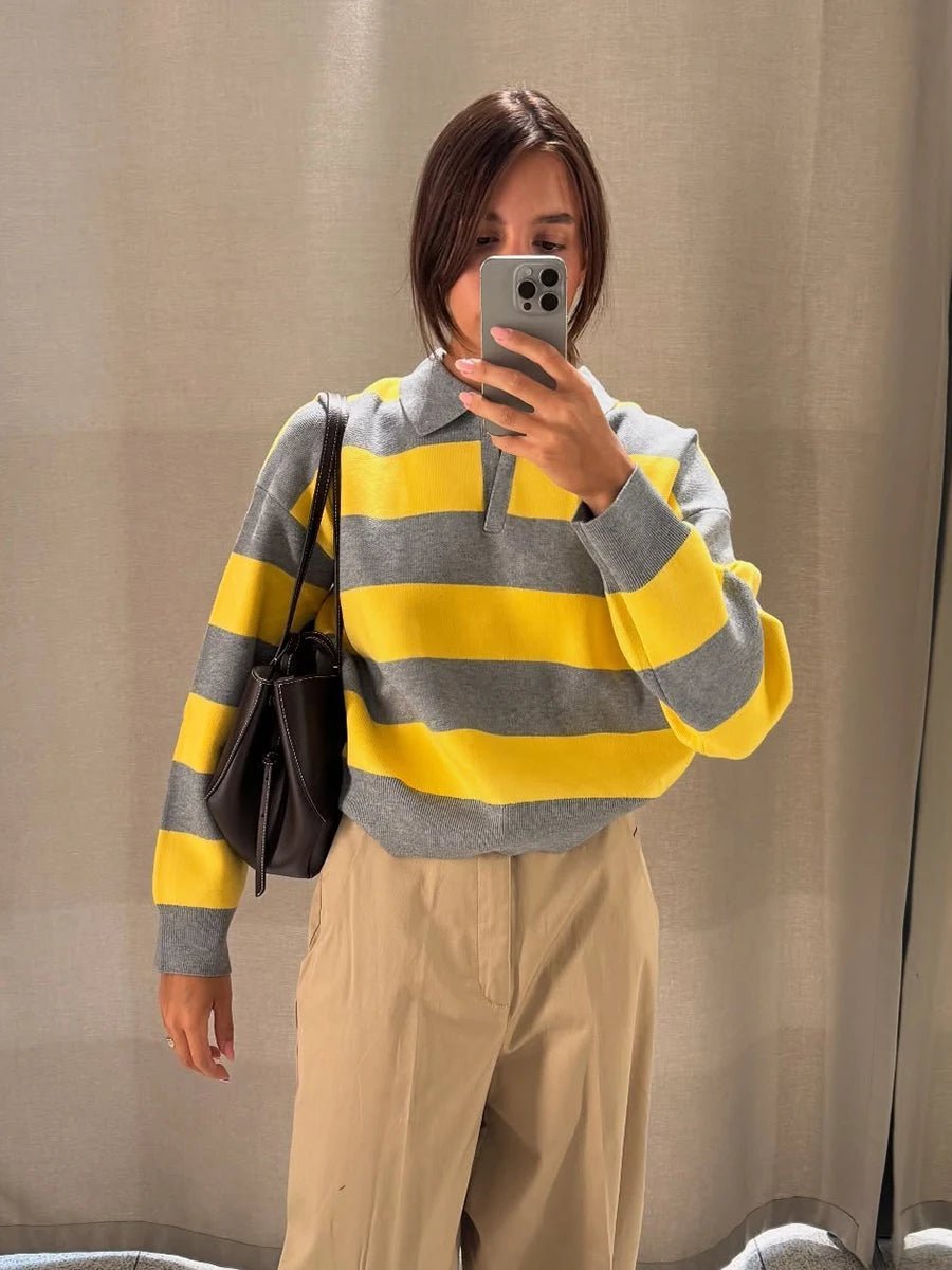 Una Striped Knitted V-Neck Pullover - Women's Cozy Knitwear - Image 6