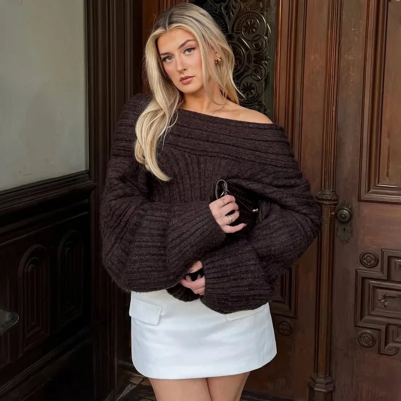 Aelwen Off-Shoulder Knit Sweater - Women's Cozy Knitwear