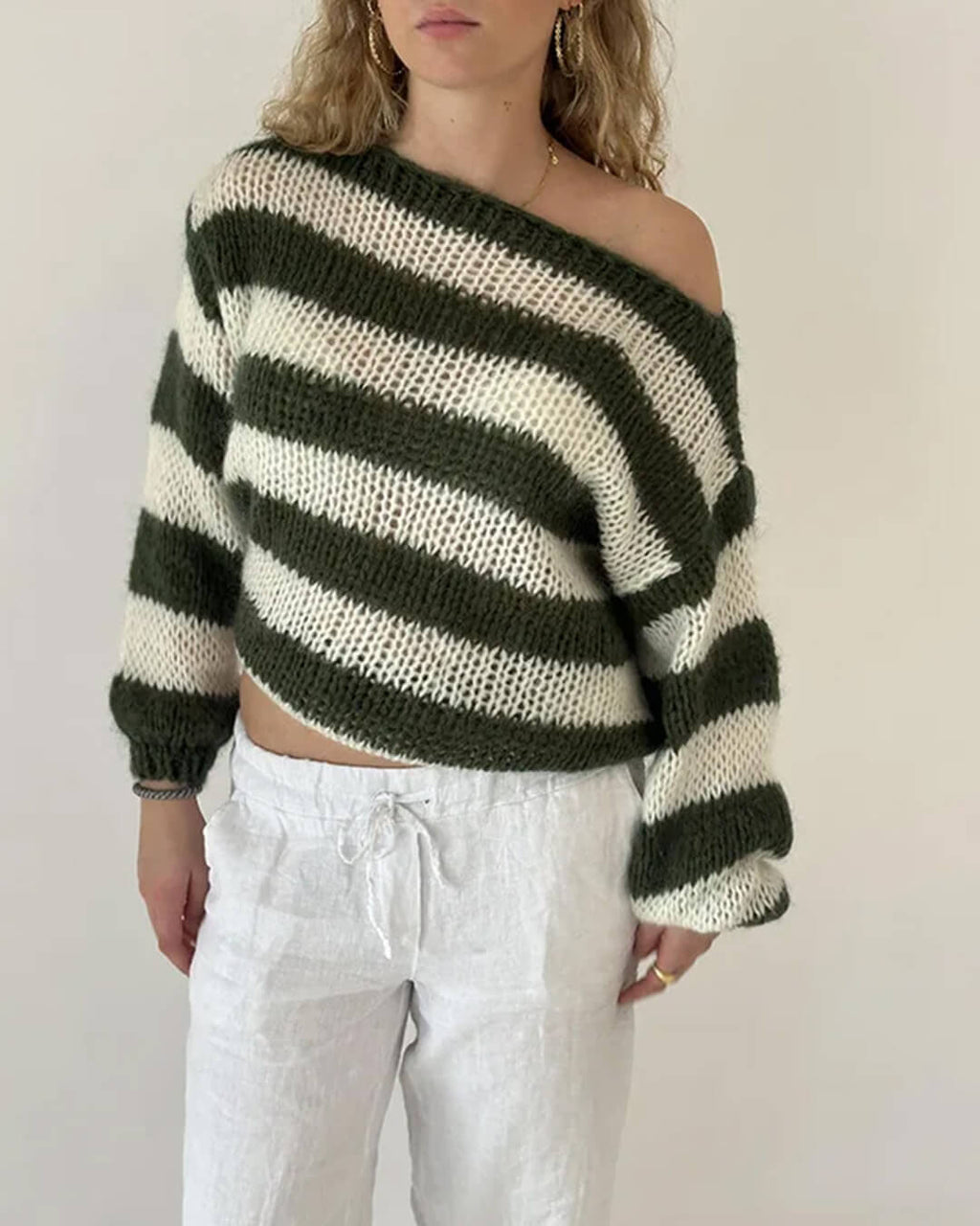 Rose Striped Loose Sweater - Women's Cozy Knitwear - Image 10