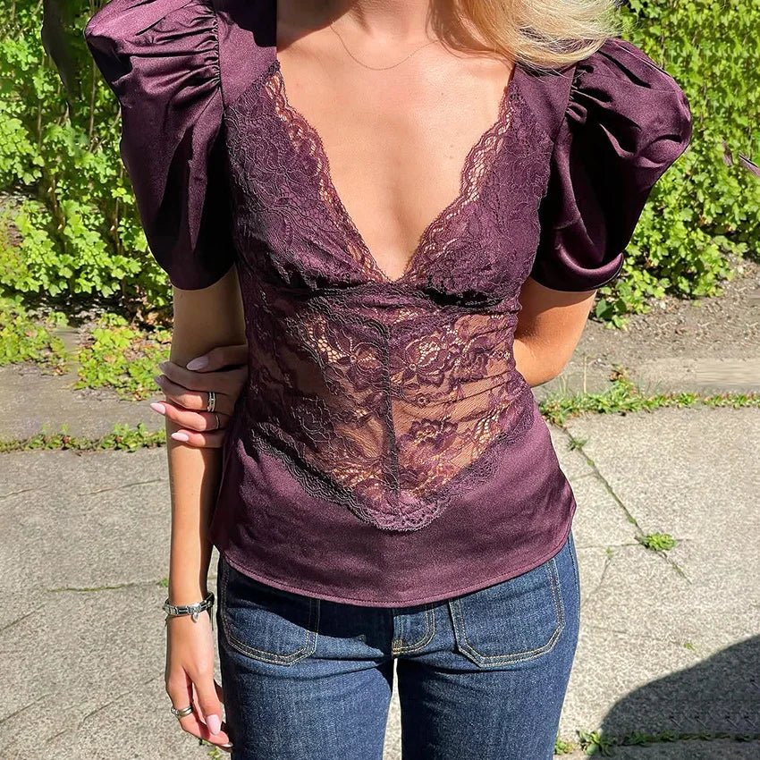 Lily Lace Plunge Top - Women's Everyday Fashion Top - Image 5