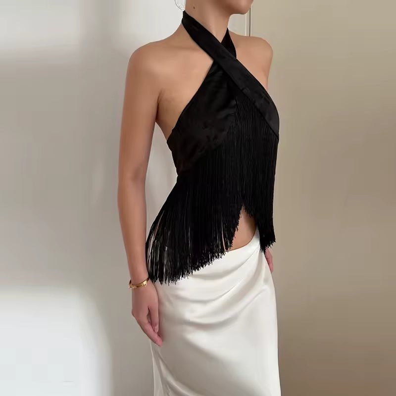Amelie Satin Fringed Halter Top - Women's Everyday Fashion Top - Image 2