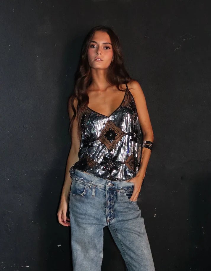 Agrippina Embellished Sequin Sheer Top - Women's Everyday Fashion Top