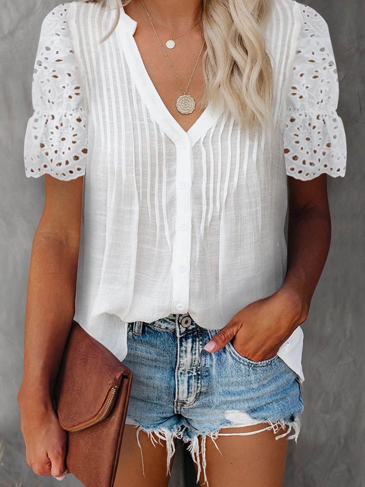 Beatrice V-Neck Lace Sleeve Top - Women's Everyday Fashion Top
