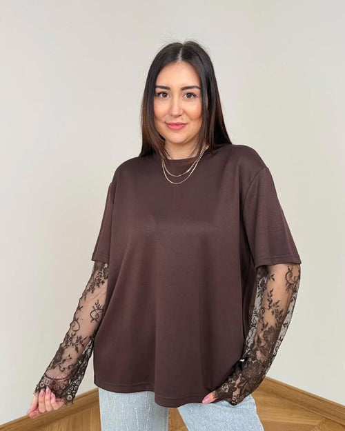 Adaora Lace Splice Long Sleeve Tee - Women's Everyday Fashion Top