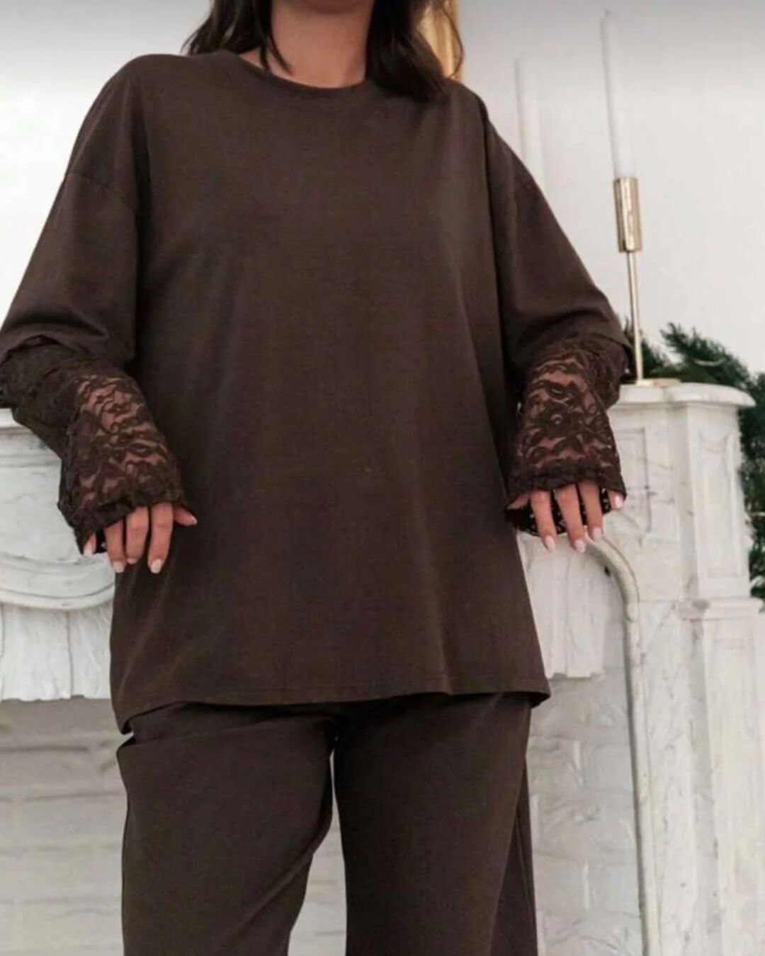 Adaora Lace Splice Long Sleeve Tee - Women's Everyday Fashion Top - Image 4