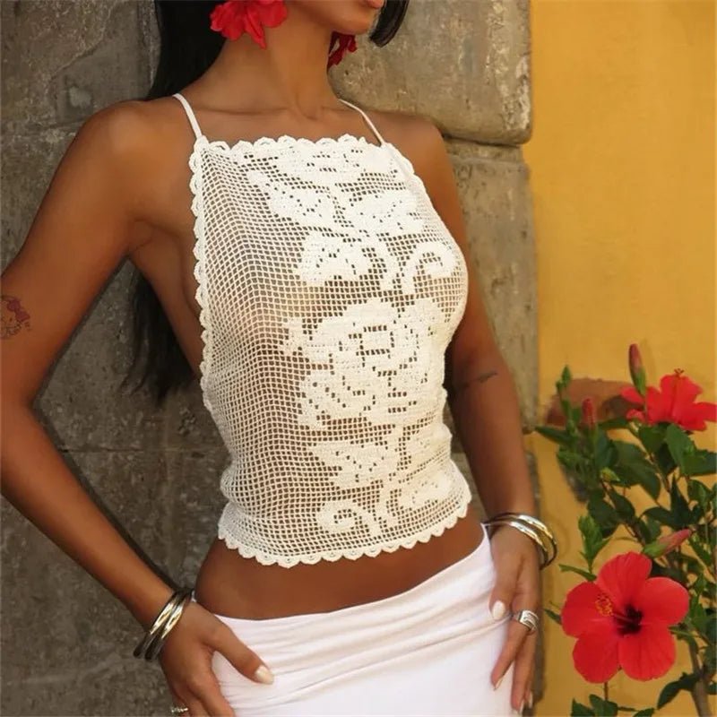 Indigo Bohemian Crochet Cami Top - Women's Everyday Fashion Top - Image 3