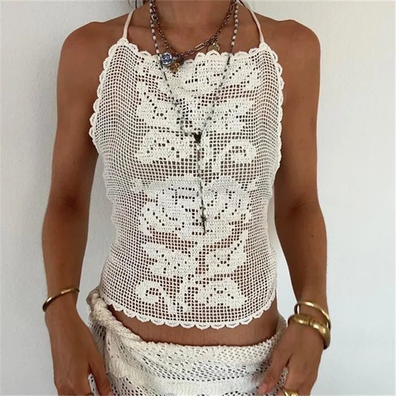 Indigo Bohemian Crochet Cami Top - Women's Everyday Fashion Top - Image 2