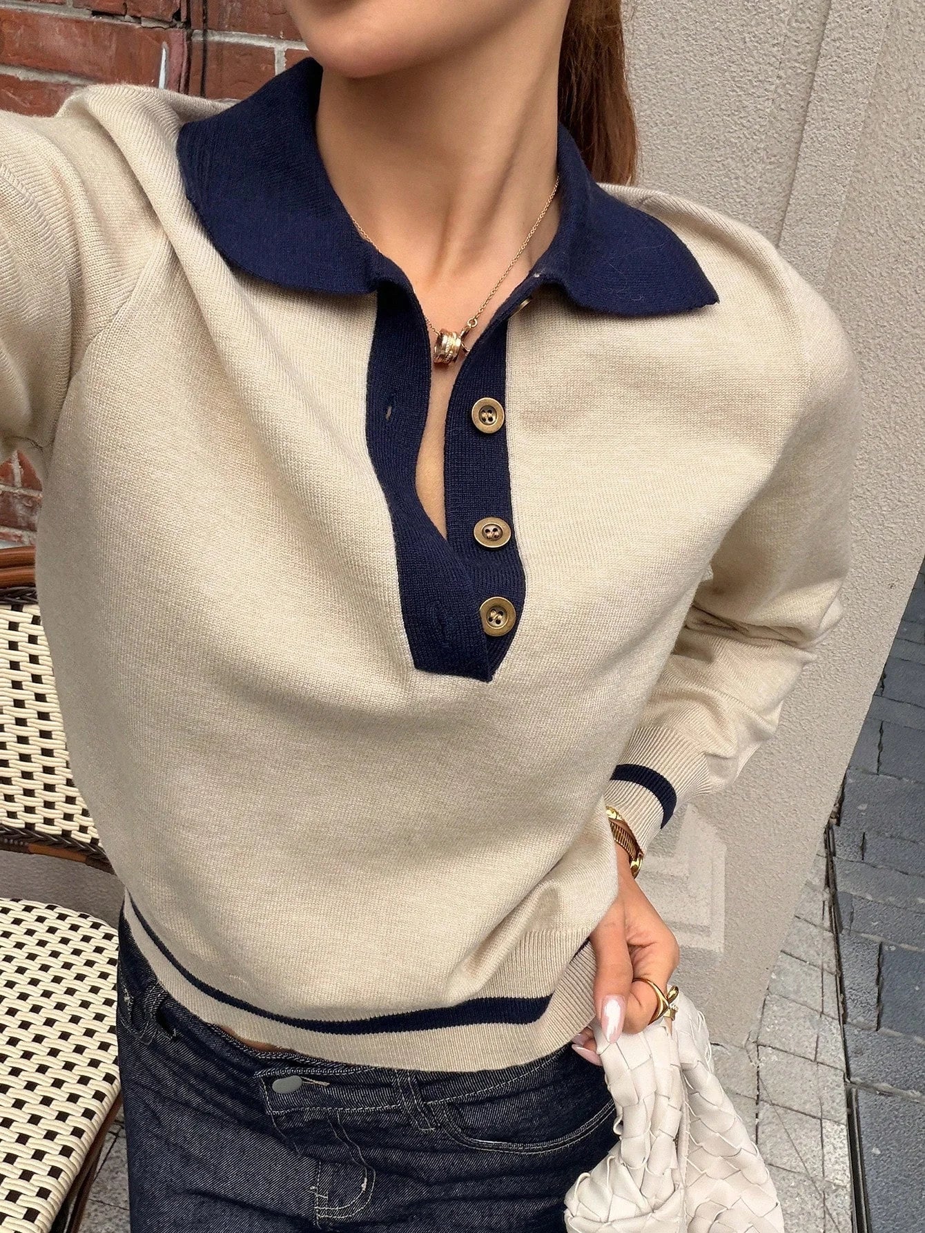 Paris Color Block Knit Polo Top - Women's Everyday Fashion Top - Image 4