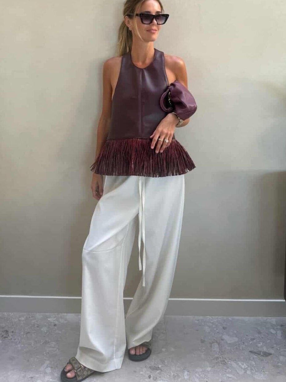 Sierra Faux Leather Fringe Halter Top - Women's Everyday Fashion Top - Image 3