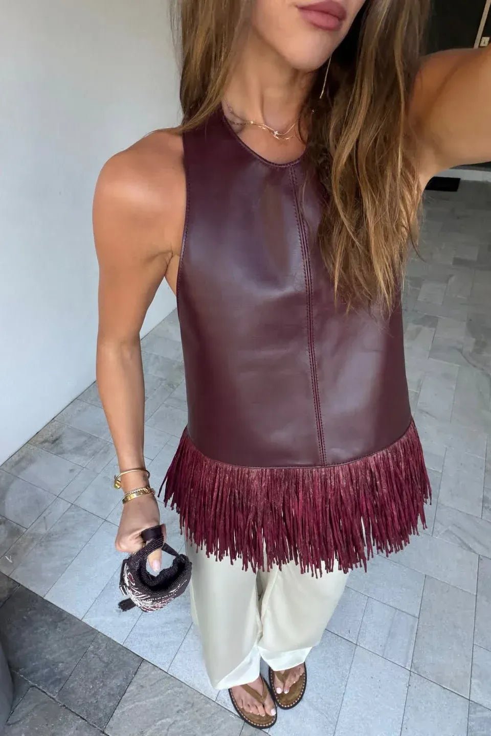 Sierra Faux Leather Fringe Halter Top - Women's Everyday Fashion Top - Image 9