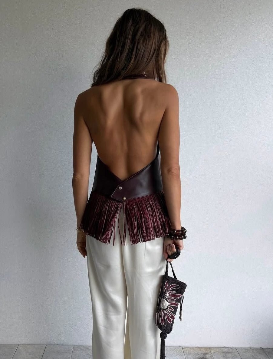 Sierra Faux Leather Fringe Halter Top - Women's Everyday Fashion Top - Image 2