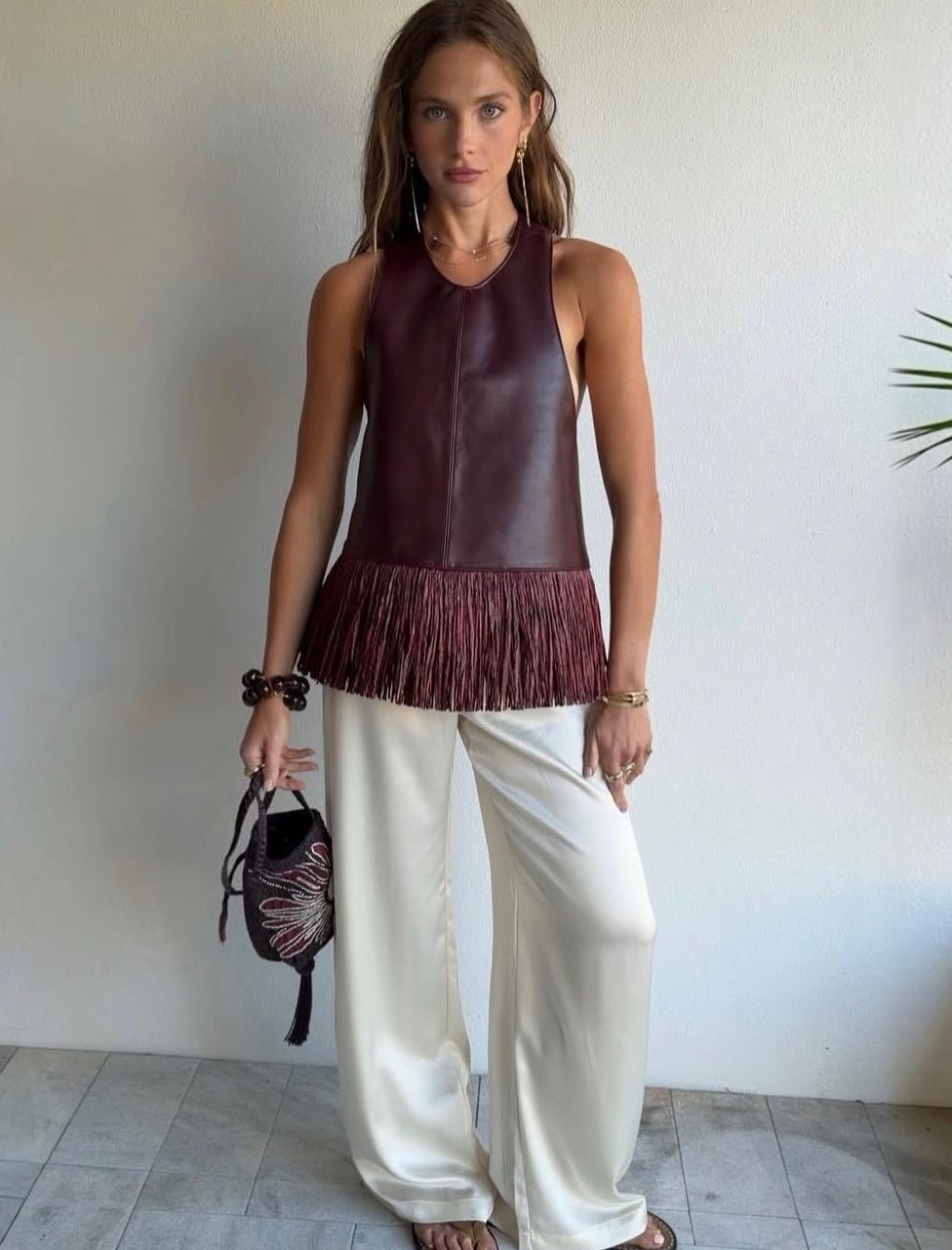 Sierra Faux Leather Fringe Halter Top - Women's Everyday Fashion Top