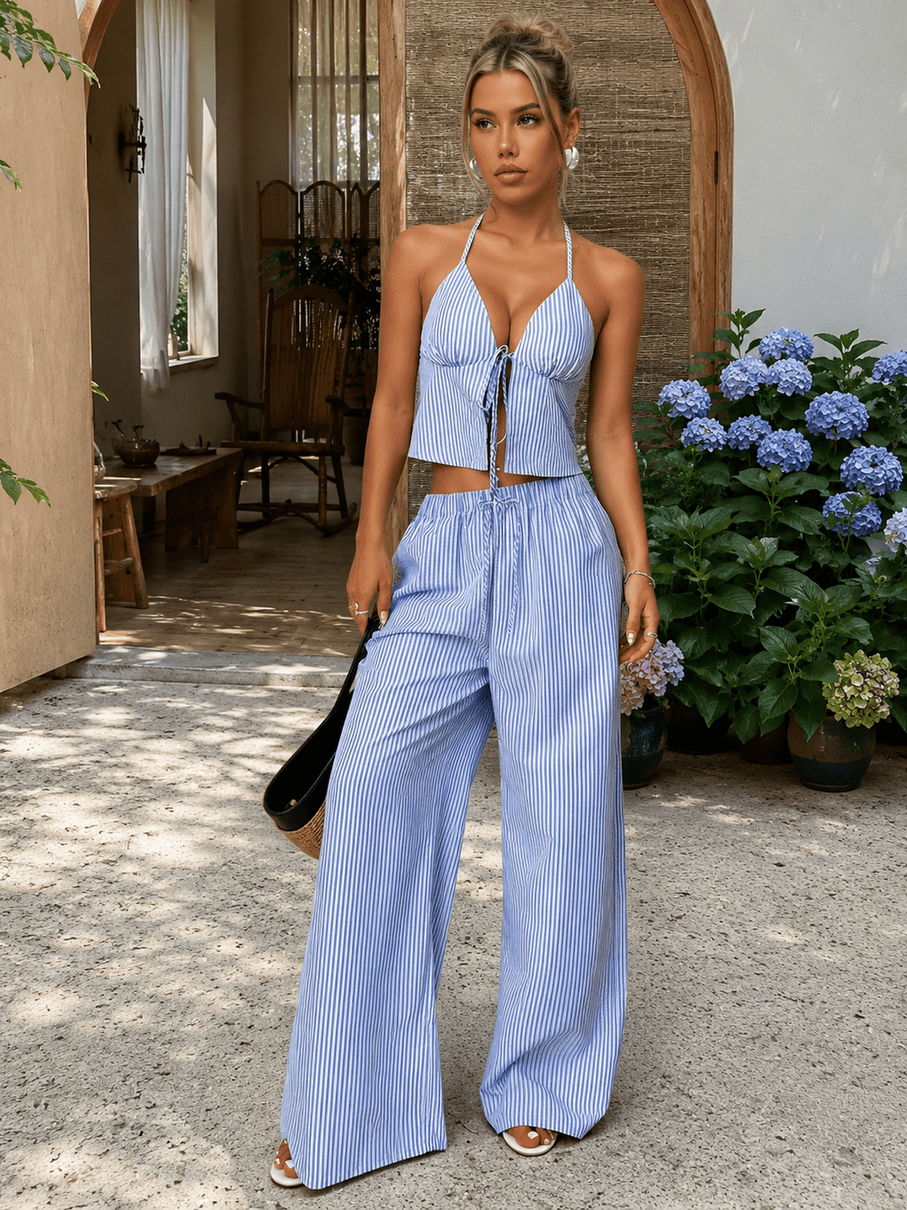 Mary Striped Halter Top Set - Women's Coordinated Two-Piece Outfit