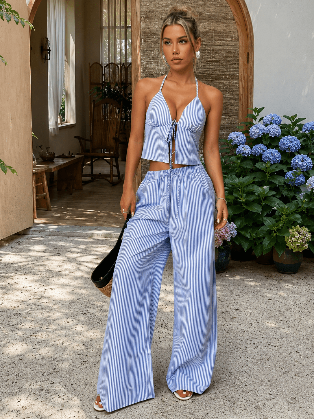 Mary Striped Halter Top Set - Women's Coordinated Two-Piece Outfit