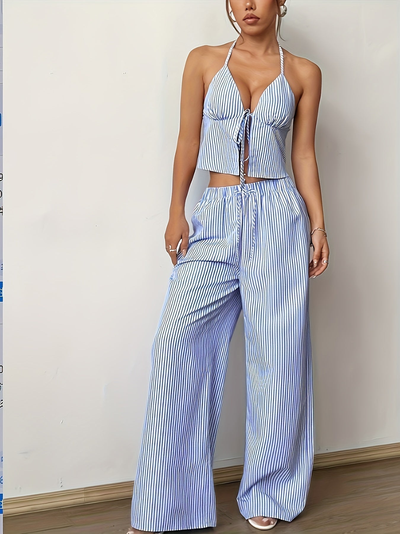 Mary Striped Halter Top Set - Women's Coordinated Two-Piece Outfit - Image 2