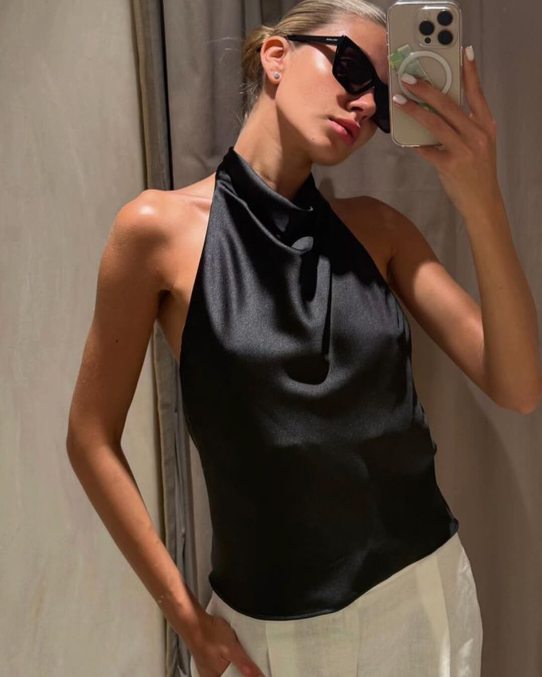 Anastasia Halter Backless Satin Top - Women's Everyday Fashion Top - Image 19