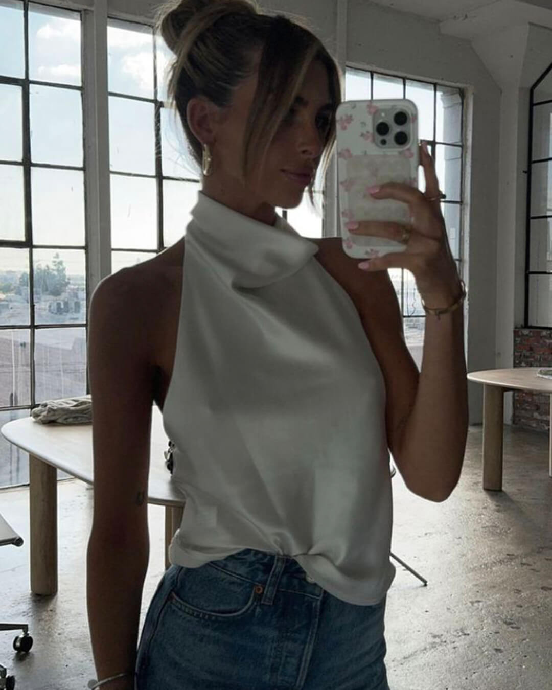 Anastasia Halter Backless Satin Top - Women's Everyday Fashion Top - Image 4