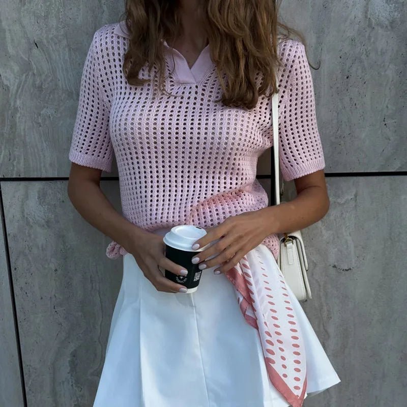 Adeline Hollow Out Knit Polo Blouse - Women's Everyday Fashion Top - Image 2
