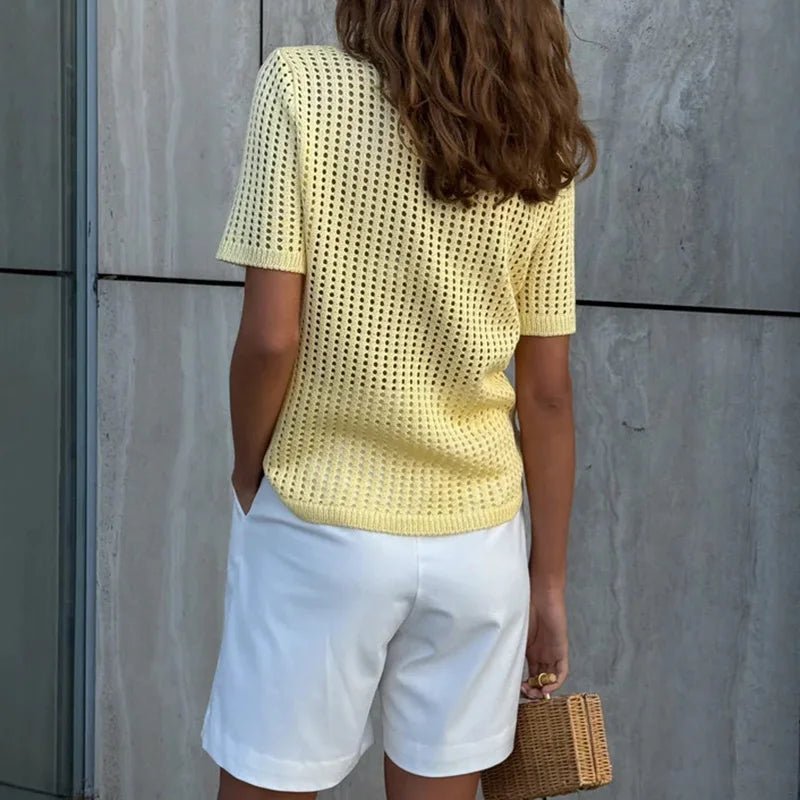 Adeline Hollow Out Knit Polo Blouse - Women's Everyday Fashion Top - Image 4