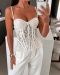 Aneyla White Lace Cami Top - Sheer Bustier Going Out Top for Women