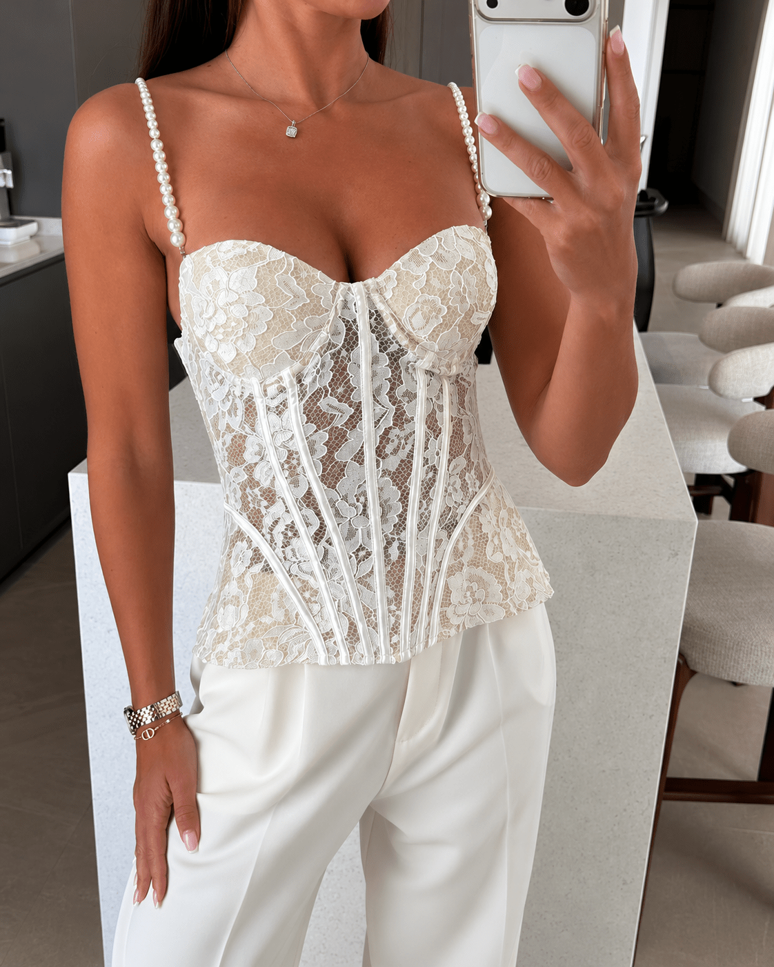 Aneyla White Lace Cami Top - Sheer Bustier Going Out Top for Women